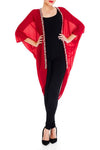 Model wearing red kimono with sparkling crystal petals